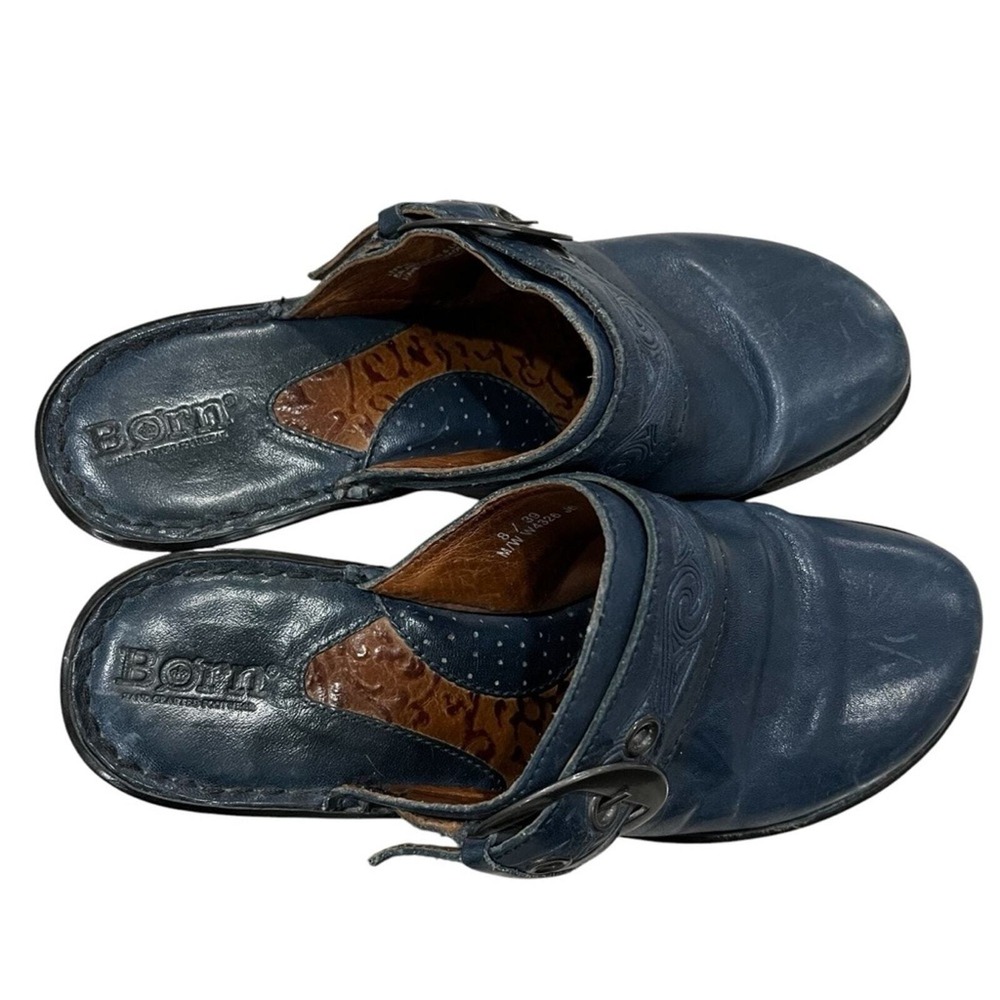 Born women's 8 Leather Dark Blue Floral Embossed Slip On Mule Clog Platforms Y2k - Picture 6 of 8